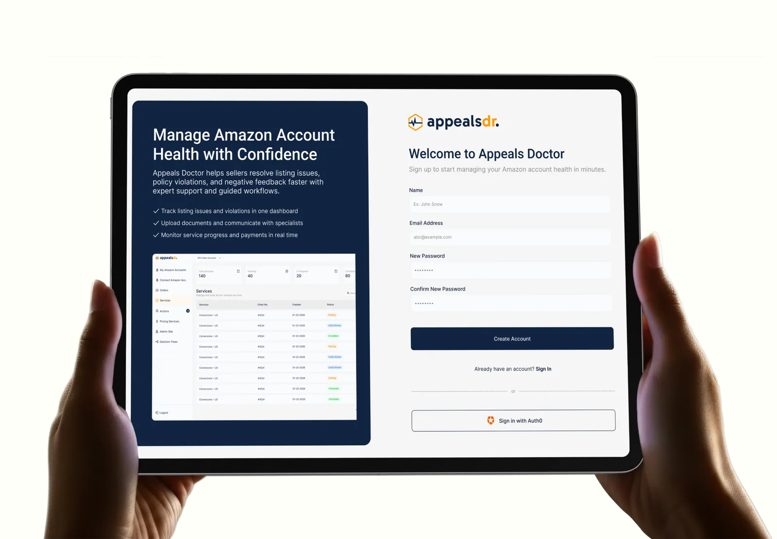Appeals Doctor sign-up screen on a tablet