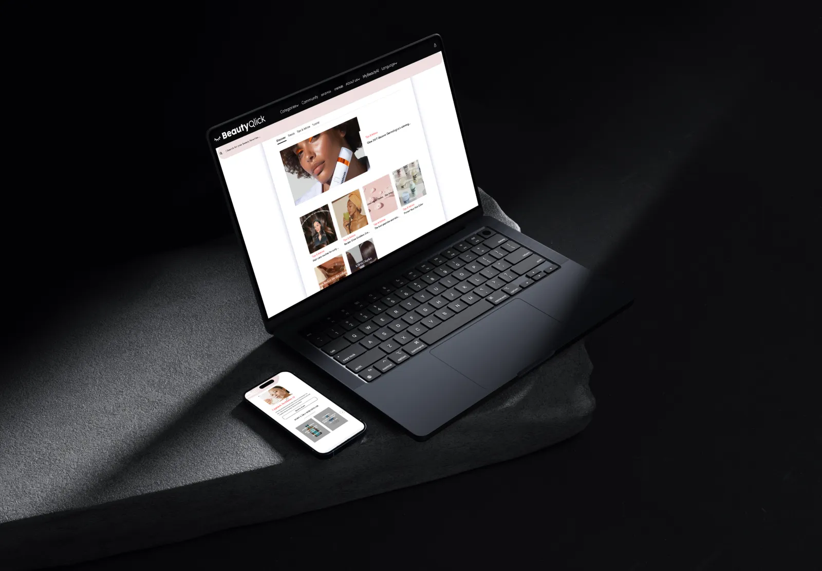 BeautyQlick product discovery on a laptop and a phone