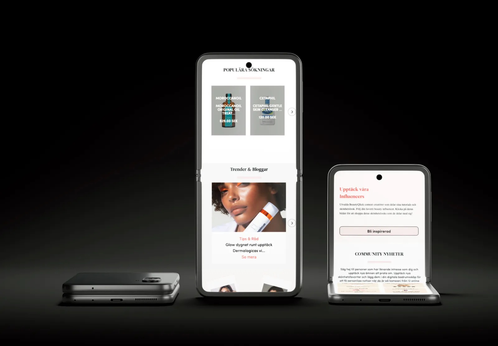 BeautyQlick popular picks, trends and community screens on foldable phones