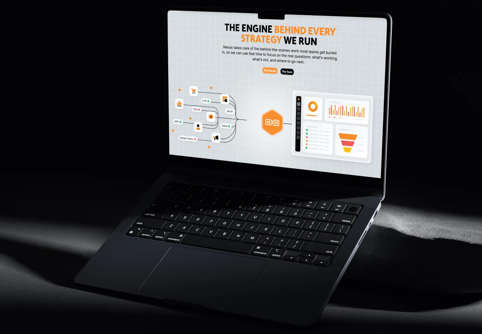 BTR Media page describing its strategy engine on a laptop