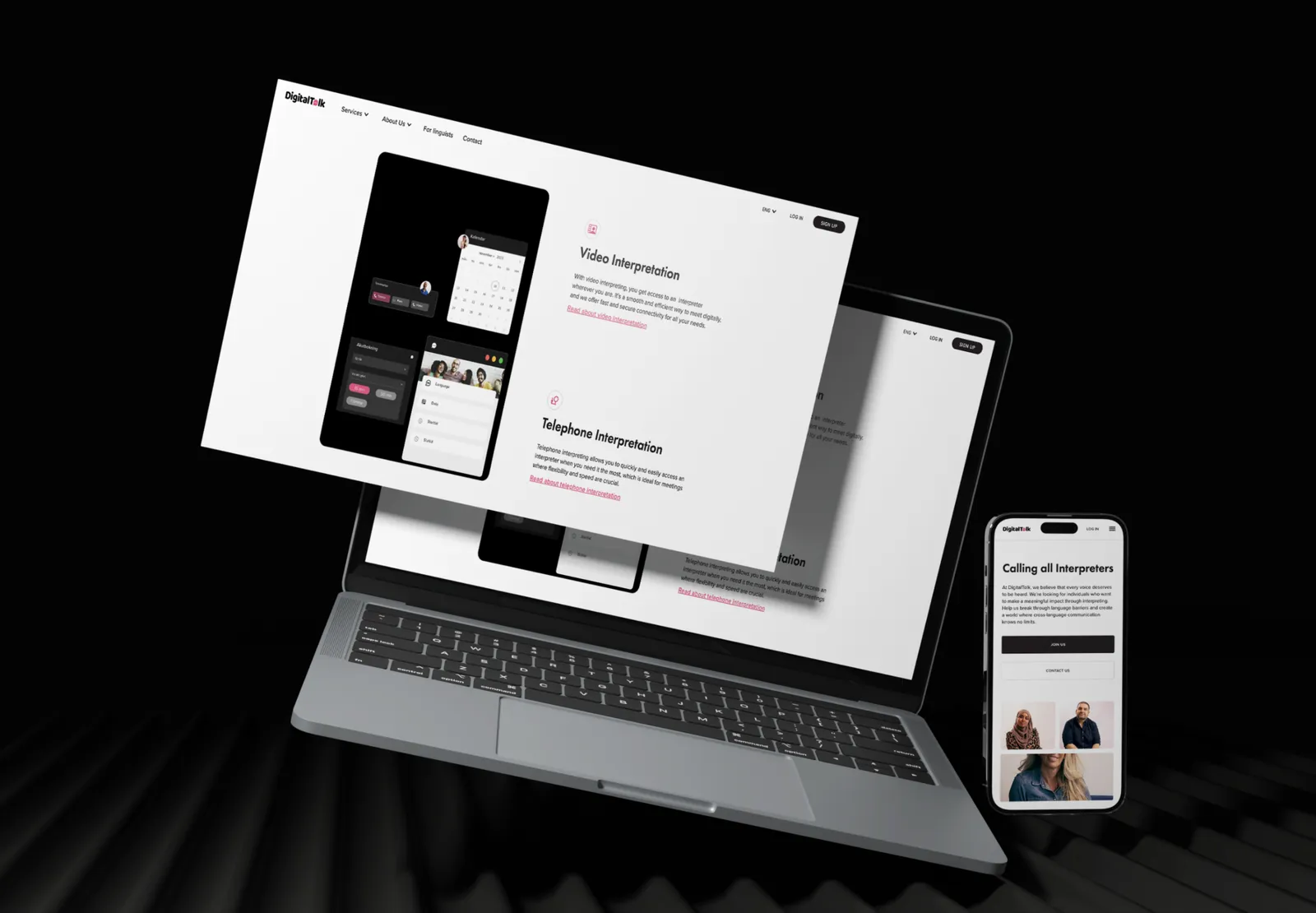 DigitalTolk video and telephone interpretation pages on a laptop and a phone