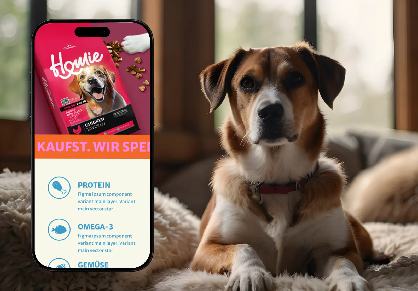 Homie product page listing protein and omega-3 on a phone, next to a dog