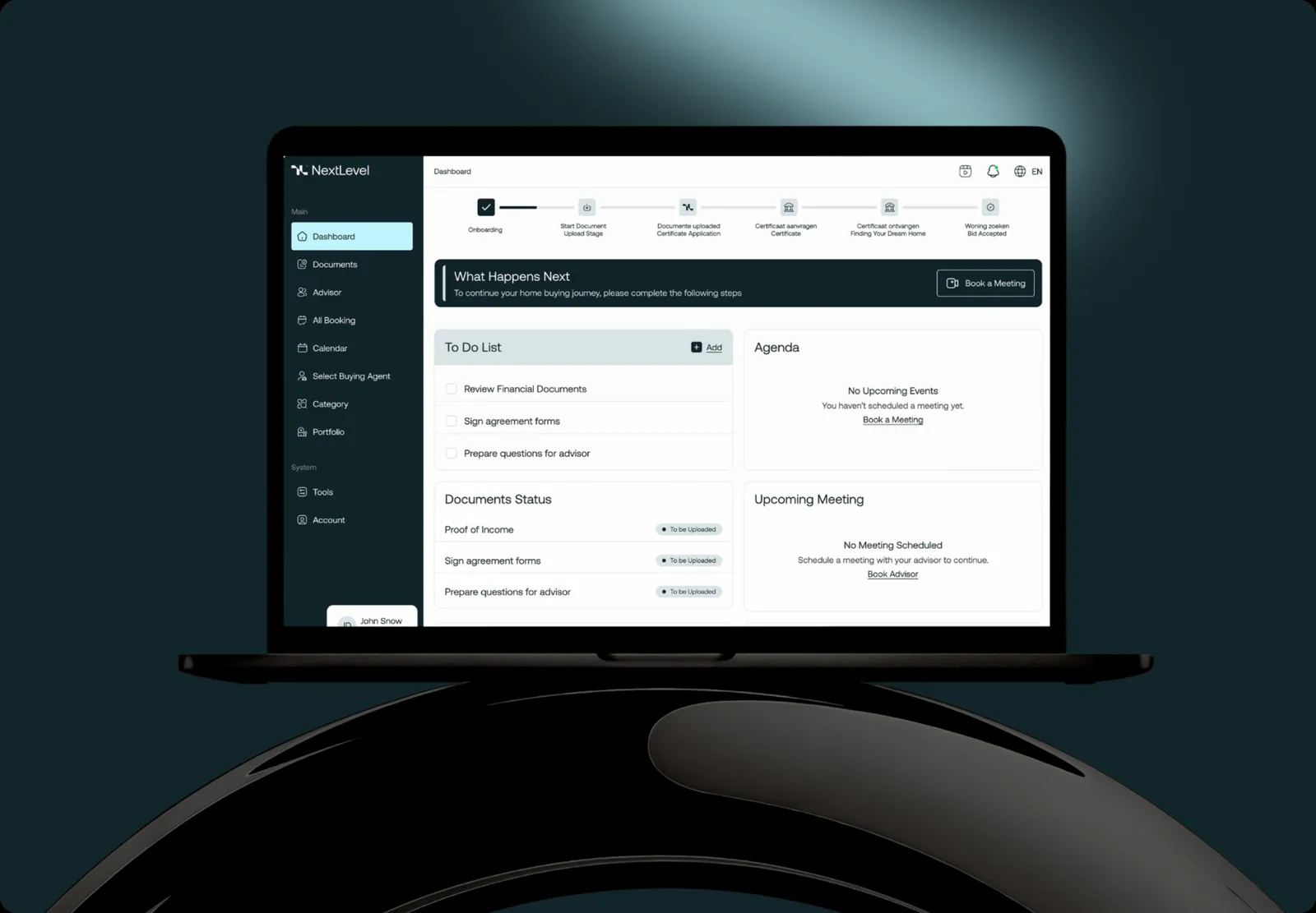 NextLevel buyer dashboard with progress steps, to-do list and documents