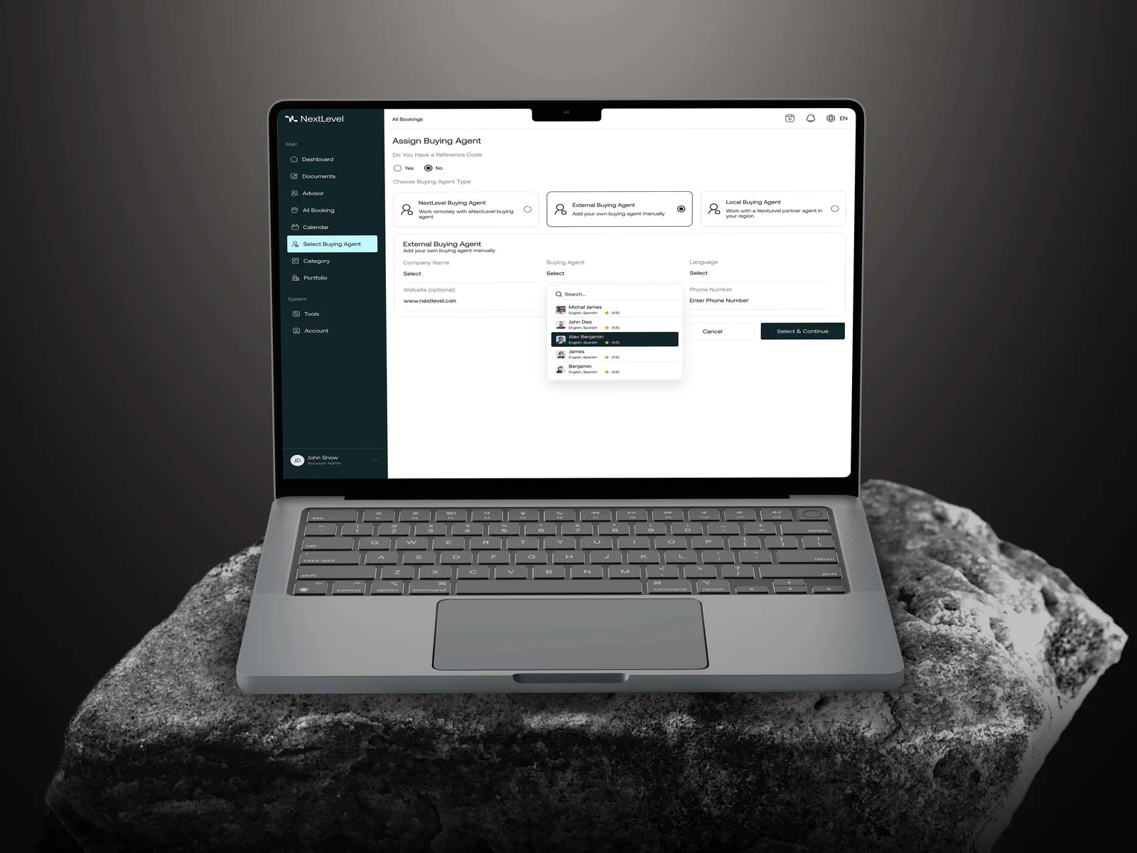 NextLevel screen for choosing a buying agent on a laptop