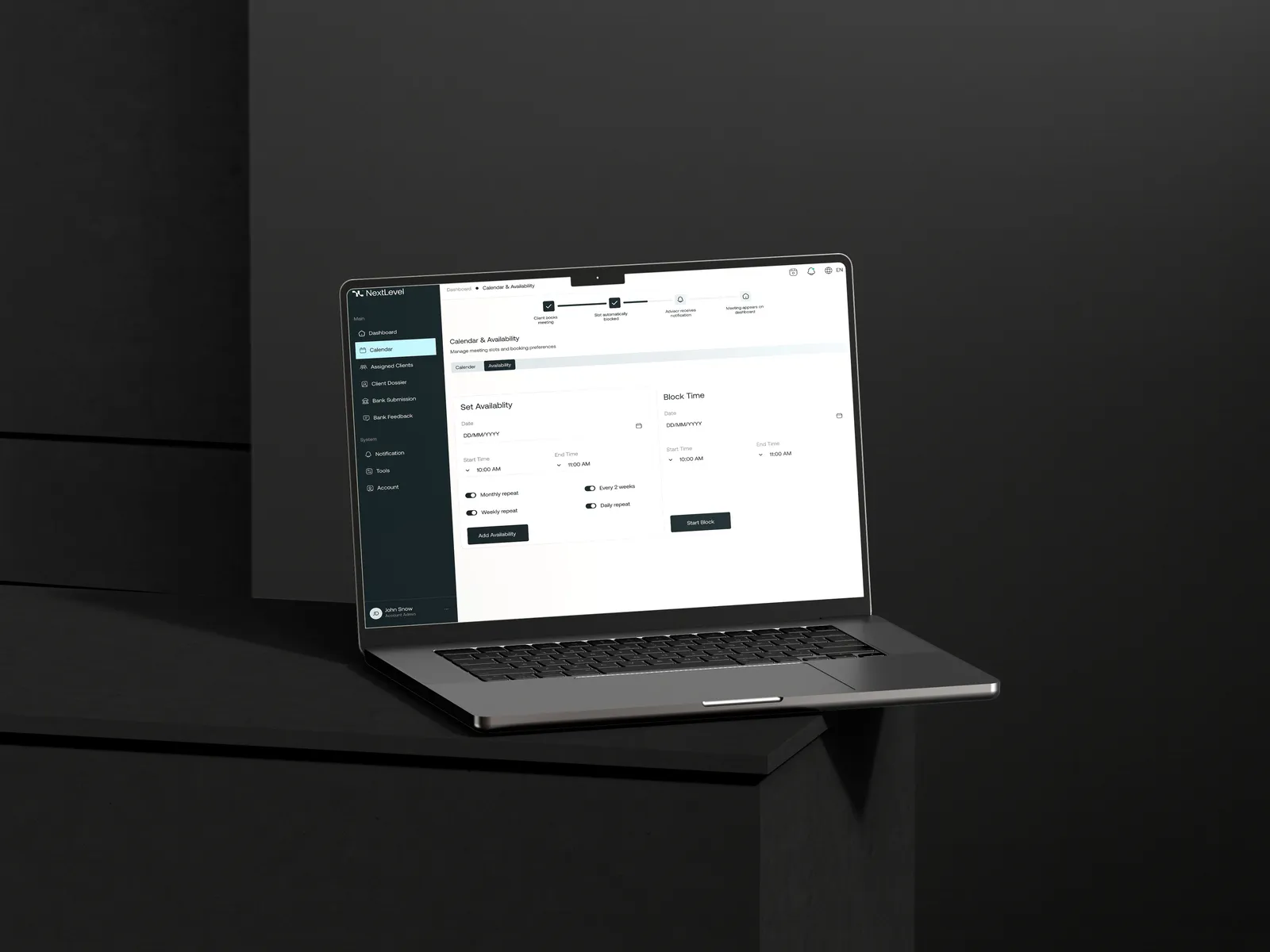 NextLevel availability and booking screen on a laptop