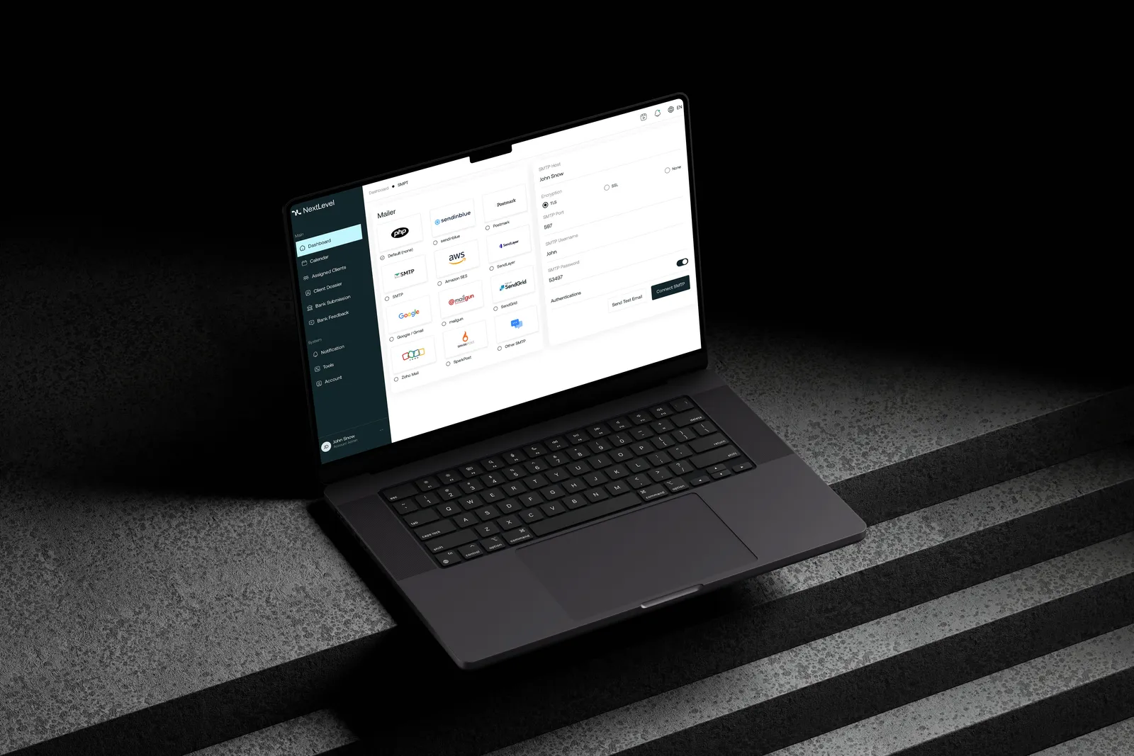 NextLevel email provider settings on a laptop