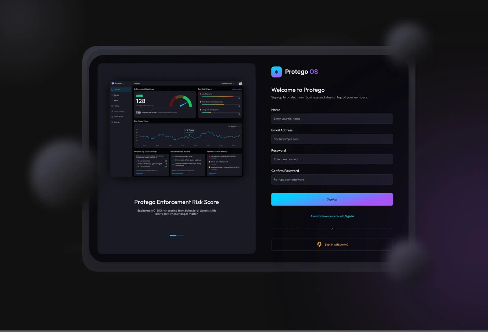 Protego risk score dashboard next to the sign-up screen