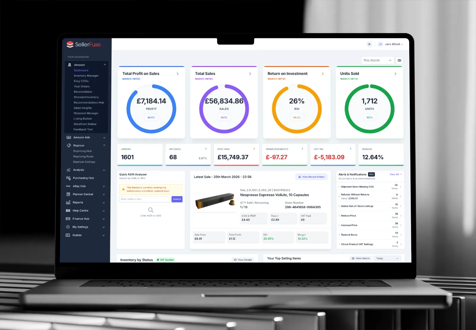 SellerFuse dashboard with profit, sales, ROI and units sold on a laptop