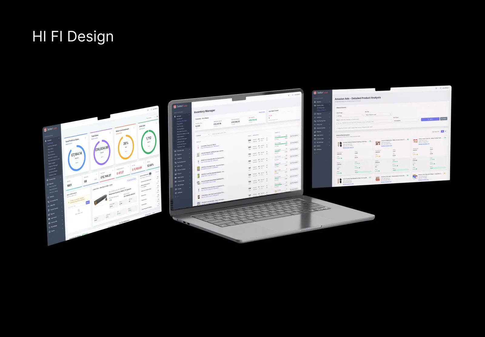 High-fidelity SellerFuse screens around a laptop