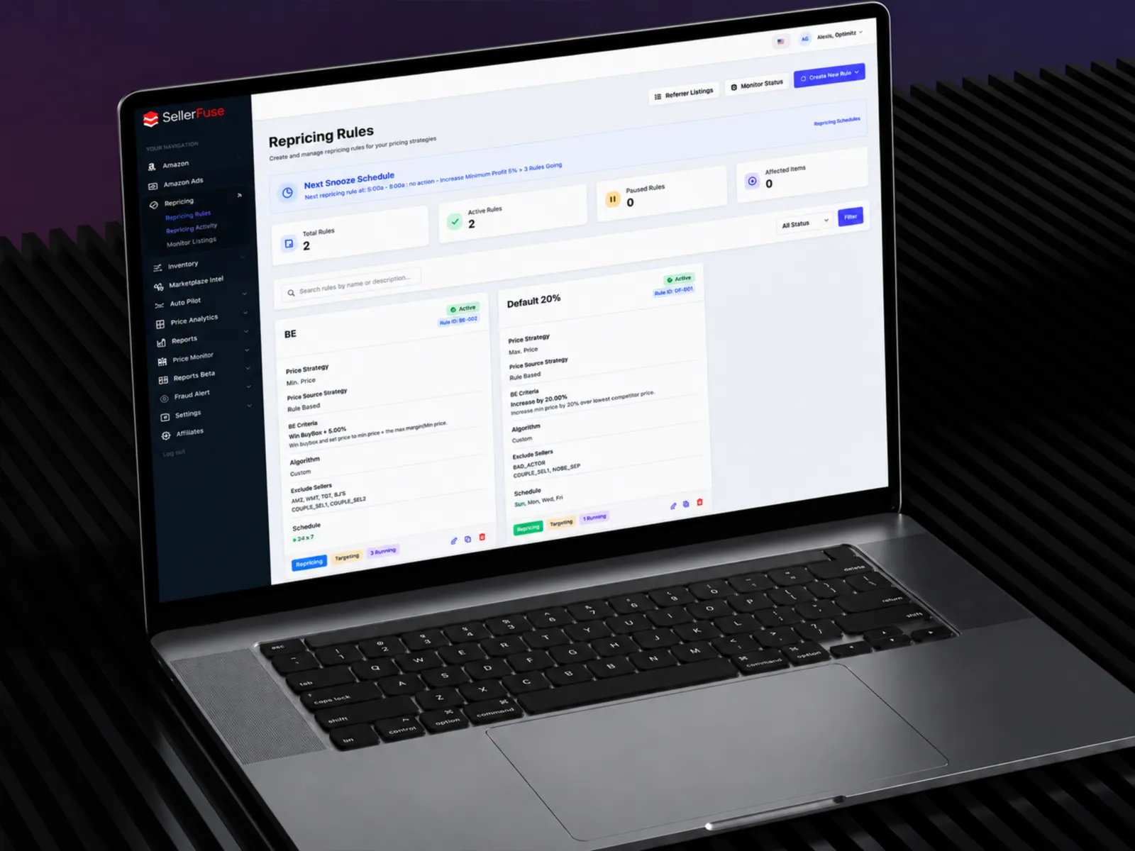 SellerFuse repricing rules screen on a laptop