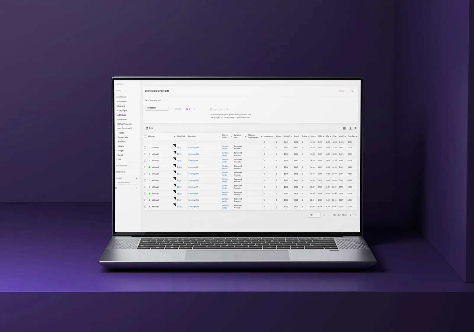Tinuiti ad group default bid editor on a laptop screen