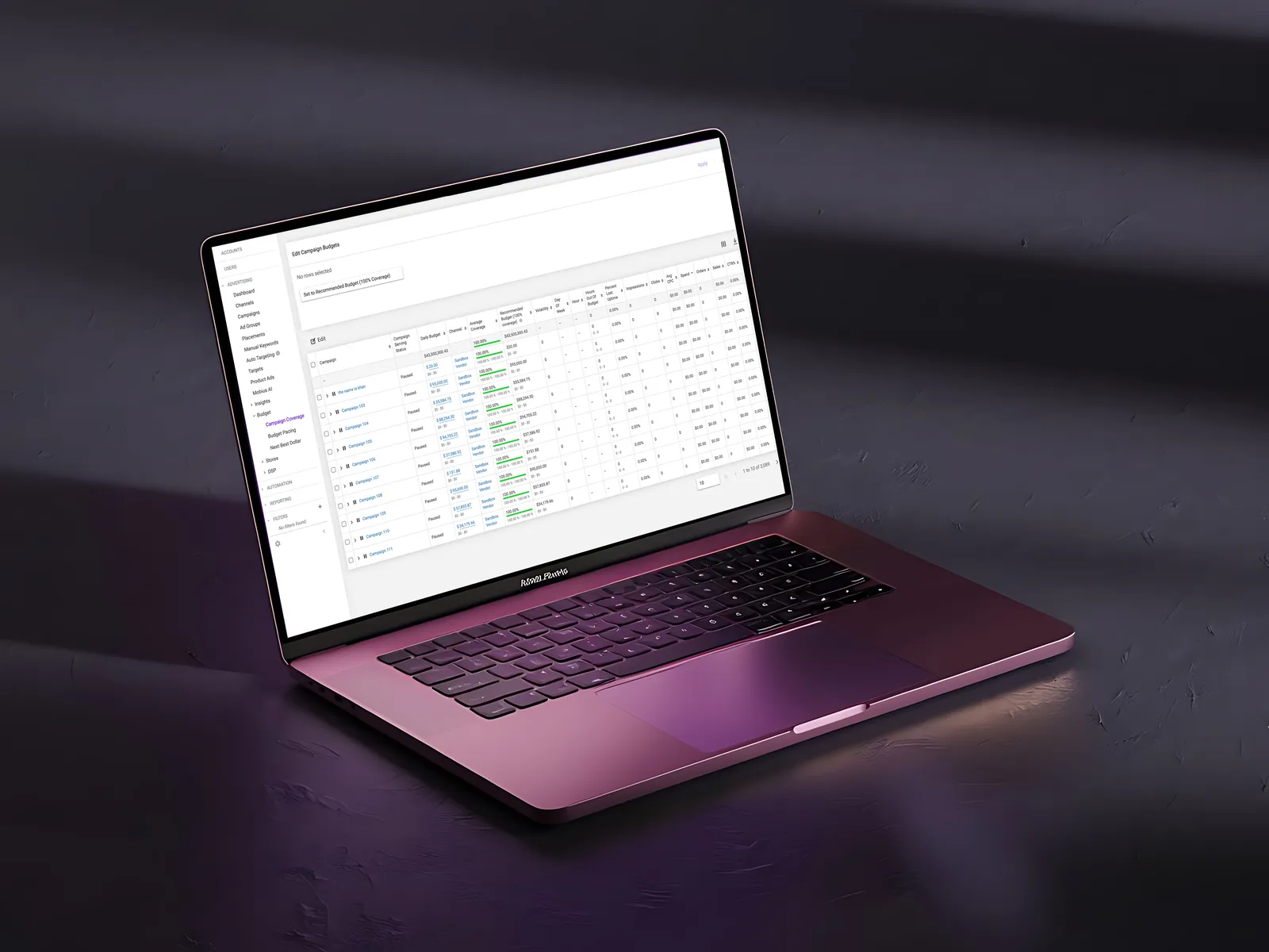 Campaign performance table built on the unified warehouse, shown on a laptop