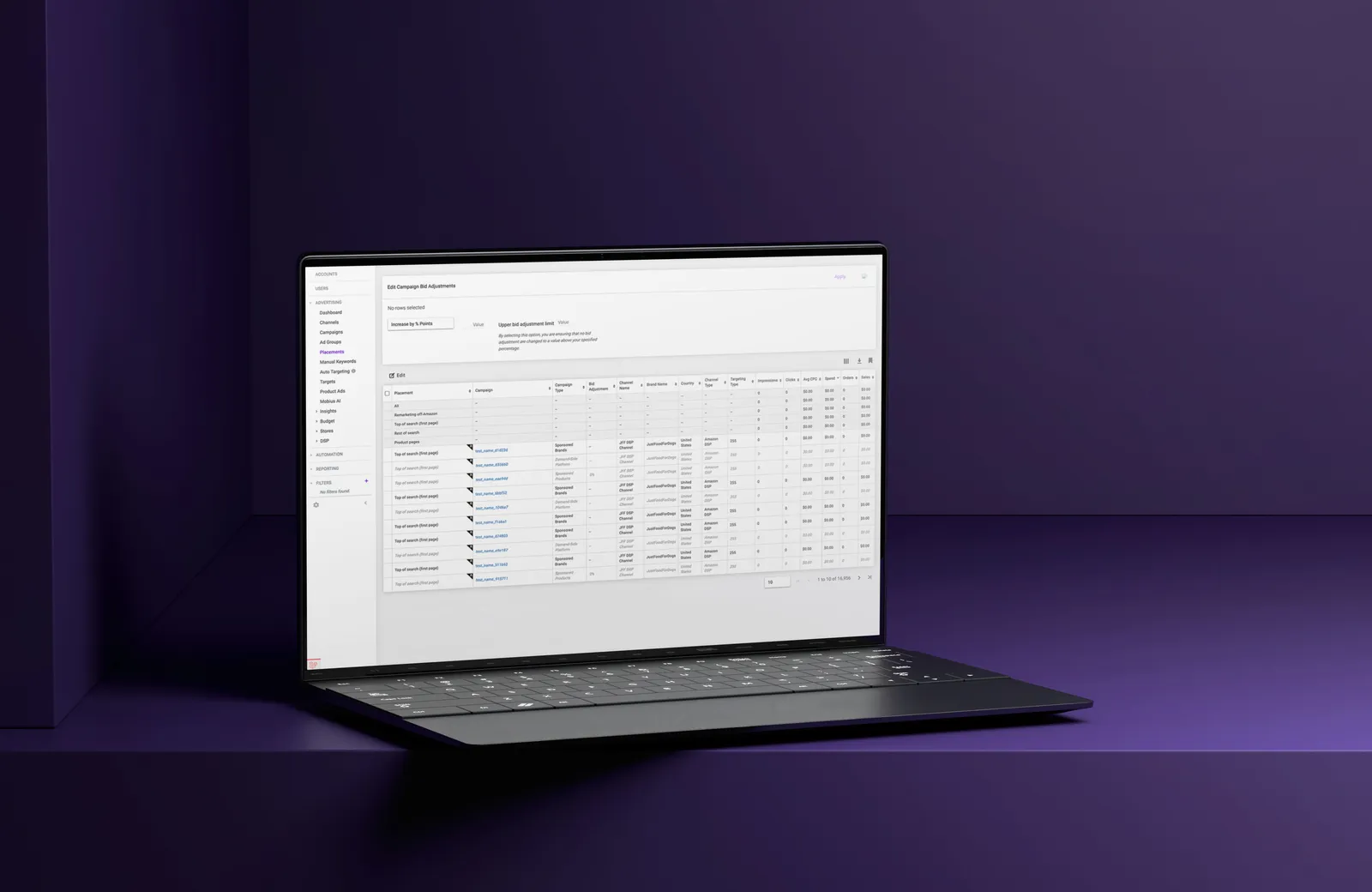 Bidding and pacing rules screen on a laptop