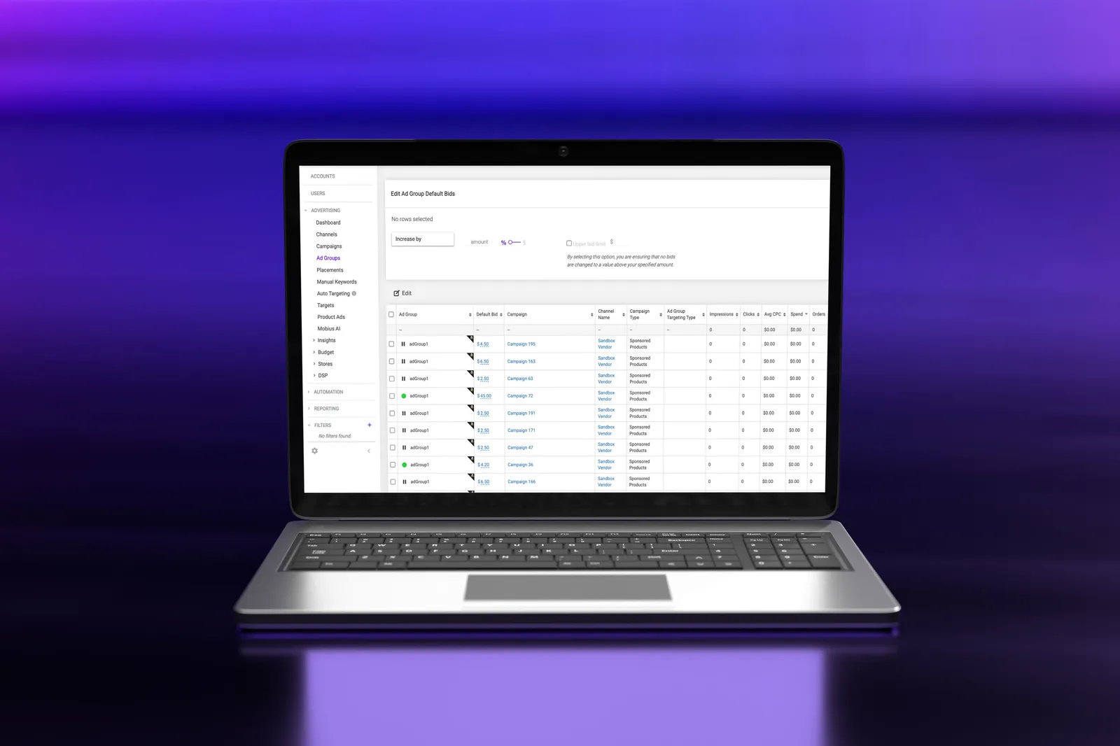 Edit ad group default bids screen with the advertising navigation on a laptop