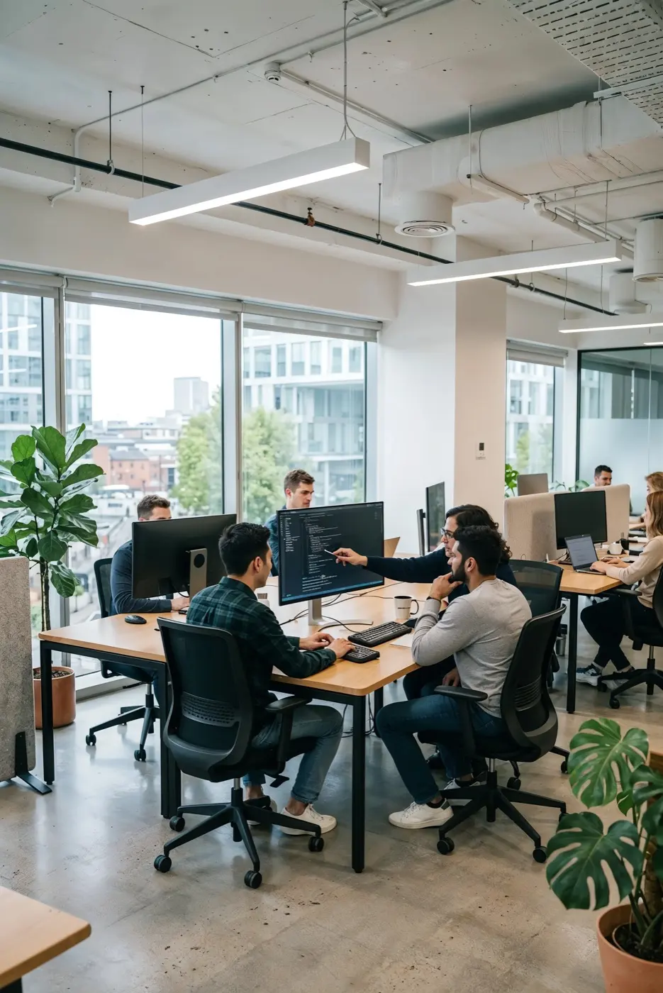 Engineers reviewing code and dashboards in an open-plan office